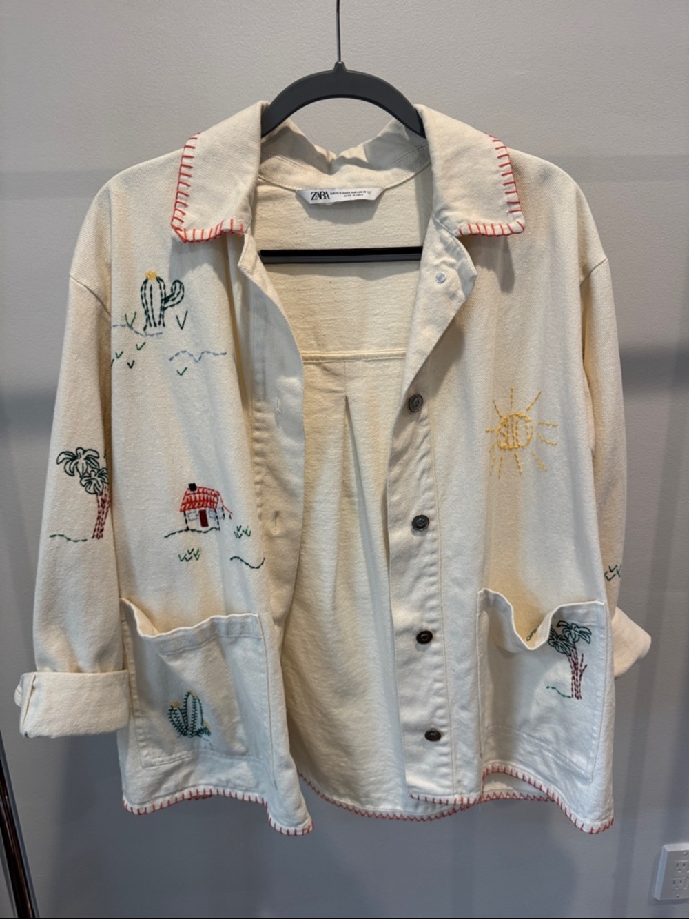 Zara Cream Embroidered Denim Jacket